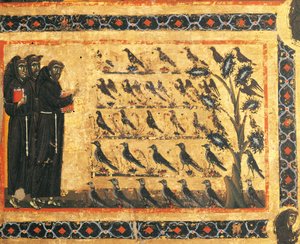 Verhalen van Sint Franciscus: Sint Franciscus predikt tot de vogels, fresco door Giotto, ca 1325. Bardi-kapel van Vernio, Basiliek van Santa Croce, Florence, Italië