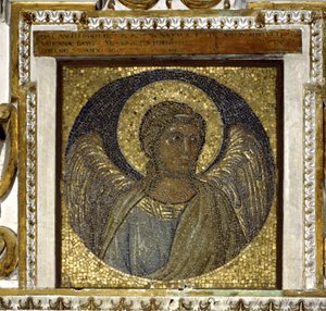 Engel. Fragment van de pod. Mozaïek met een gouden achtergrond gemaakt door Giotto di Bondone (1267? - 1337) en architectuur van Maderno door Giotto (c.1266 1337)