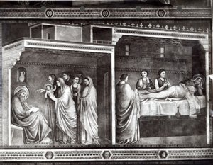 De geboorte van Johannes de Doper en zijn vader Zacharias die zijn naam schrijft door Giotto di Bondone