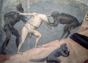 Het Laatste Oordeel: Hel, detail van een van de verdoemden genomen door twee demonen, c.1303-05