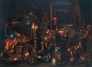 Laboratorium van de alchemist, schilderij door Gian Domenico Valentino (1630-1708), Italië