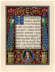 Tekstpagina met de Maagd en twee pauwen, ca. 1490 door Giovan Pietro Birago