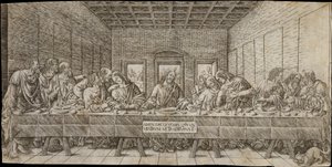 Het laatste avondmaal, met een spaniël door Giovan Pietro Birago