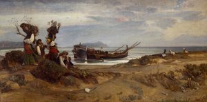 Vrouwen die hout dragen in de haven van Anzio