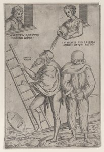 Een man klimt op een ladder terwijl een vrouw water op hem gooit van boven