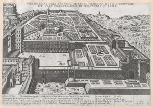 Speculum Romanae Magnificentiae: Luchtfoto van het Belvedere en zijn tuinen, 1579