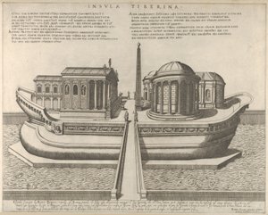 Uitzicht op het Tiber-eiland voorgesteld als een schip, de Tempel van Aesculapius links