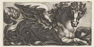 Gevleugeld zeepaard met aan zijn staart een knop van bladeren door Giovanni Andrea Maglioli