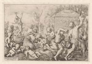 Bacchanaal met altaar, faun en Silenus door Giovanni Andrea Podesta