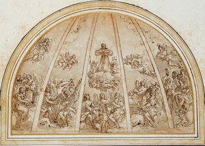 De Apotheose van Sint Franciscus omringd door muzikale engelen: Ontwerp voor een apsis of halve koepel verdeeld door ribben door Giovanni Andrea Sirani