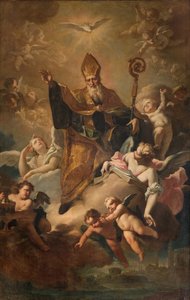 Zuidtransept, Altaar van San Benedetto, Sint Benedictus in Gloria terwijl hij de stad zegent, Altaarstuk door Giovanni Angelo Borroni, San Benedetto in Gloria terwijl hij de stad zegent 1744