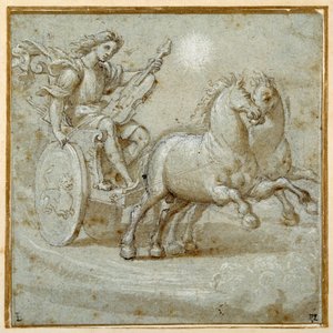 Apollo zittend in zijn wagen met zijn viool door Giovanni Antonio (circle of) Pordenone