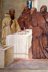 Benedictus breekt een glas vergiftigde wijn door het teken van het kruis te maken (detail) fresco van de kloostergang gemaakt door Giovan Antonio Bazzi di Sodoma (1477-1549) die het leven van Sint Benedictus van Nursia (480 - 567) stichter van de Orde van 