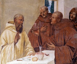 Benedictus breekt een glas vergiftigde wijn door het teken van het kruis te maken (detail). Fresco van het klooster gemaakt door Antonio Bazzi genaamd il Sodoma (1477 - 1549) die het leven van Sint Benedictus van Nursia (480 - 567) oprichter van de Benedic