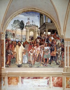 Benedictus ontvangt twee jonge Romeinen Maurus en Placidus (fresco) door Giovanni Antonio Bazzi Sodoma