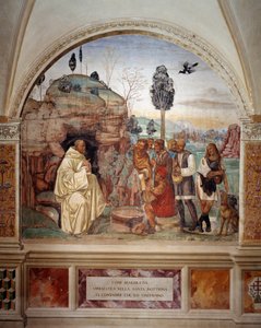 Hoe Benedictus de heilige leer aan de boeren onderwijst die hem bezoeken (fresco)