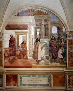 Sint-Benedictus repareert een gebroken zeef (zelfportret) door Giovanni Antonio Bazzi Sodoma