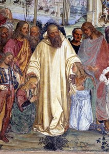 Sint Benedictus ontvangt twee jonge Romeinen, Maurus en Placide (detail) fresco van de kloostergang gemaakt door Antonio Bazzi genaamd il Sodoma (1477 - 1549) die het leven van Sint Benedictus van Nursia (480 - 567) stichter van de Orde van Benedictijnen v