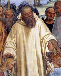 Sint Benedictus ontvangt twee jonge Romeinen, Maurus en Placide (detail) fresco van de kloostergang gemaakt door Antonio Bazzi genaamd il Sodoma (1477 - 1549) die het leven van Sint Benedictus van Nursia (480 - 567) stichter van de Orde van Benedictijnen v