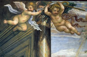 De Sala delle Nozze di Alessandro e Rossana detail van twee vliegende putti (detail) door Giovanni Antonio Bazzi Sodoma