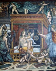 De Sala delle Nozze di Alessandro e Rossana detail van Roxanne in haar slaapkamer die een kroon krijgt van Alexander (detail) door Giovanni Antonio Bazzi Sodoma