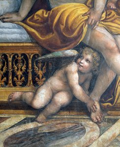 De Sala delle Nozze di Alessandro e Rossana detail van een putto die zich verstopt bij Roxannes voeten (detail) door Giovanni Antonio Bazzi Sodoma