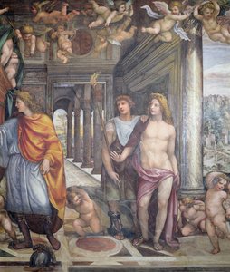 De Sala delle Nozze di Alessandro e Rossana detail van Alexander en twee mannelijke bedienden met putti boven (detail) door Giovanni Antonio Bazzi Sodoma