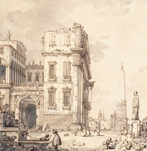 Een capriccio van een Venetiaans Paleis met Uitzicht op een Piazza met een Obelisk