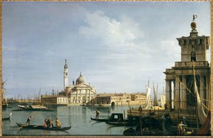 Het eiland San Giorgio Maggiore, Venetië, met de Punta della Dogana en talrijke schepen