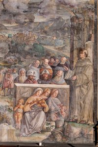 St. Antonius arriveert in Padua, waar hij vrede herstelt tussen de burgers met de kracht en zoetheid van zijn prediking, School van de Heilige (detail) door Giovanni Antonio Corona
