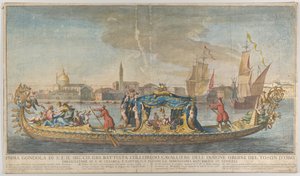 De rijkelijk versierde eerste gondel van ambassadeur Giovanni Battista Colloreado door Giovanni Antonio Faldoni