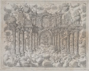 Plaat 2 [tegenproef]: Toneelset met allegorische figuren zittend tussen de wolken door Giovanni Antonio Lorenzini