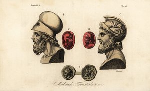 Bustes en edelstenen van Atheense politici Miltiades de Jongere 1,2, Themistocles 3,4, en Koning Pyrrhus I 5