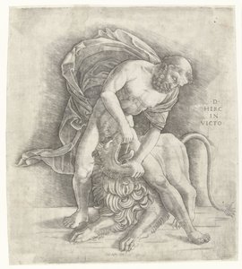 Hercules vecht met de Nemeïsche leeuw door Giovanni Antonio da Brescia