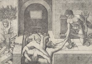 Onwetendheid en Mercurius een allegorie van Deugd en Ondeugd, Mercurius knielend rechts..., ca. 1490-1525