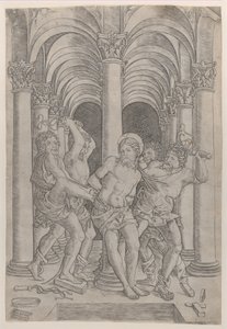 De Geseling van Christus die aan een zuil is vastgebonden in het midden binnen een arcade, 1509