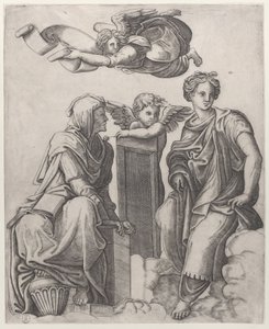 Twee vrouwelijke figuren zittend in de wolken naast een engel en een andere vliegend boven door Giovanni Antonio da Brescia