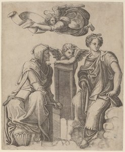 Twee Sibyllen en een Engel door Giovanni Antonio da Brescia after Raphael