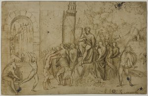 Acrobaten voor een liniaal (recto); Buitenopname met groep figuren (verso) door Giovanni Antonio da Pordenone