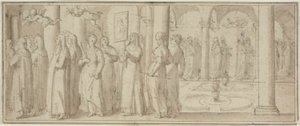 Processie van nonnen en novices ter ere van een mannelijke heilige