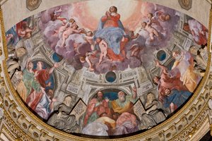 Genua, Duomo (Sint-Laurenskathedraal), binnen, de Lercari-kapel of de Kapel van het Heilig Sacrament (noordelijke apsis), apsis: "Hemelvaart van de Maagd", fresco door Giovanni Battista Castello bekend als Bergamasco door Giovanni Battista Castello