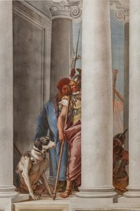 Palazzina, de ingangshal: "De Griekse vloot in Aulis", detail van een hond en een soldaat door Giovanni Battista Tiepolo
