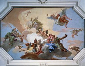 Triomf van Glorie aangekondigd door Faam tussen de Kardinale Deugden door Giovanni Battista Tiepolo