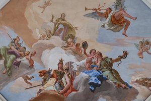 Triomf van Glorie aangekondigd door Faam staande tussen de Kardinale Deugden door Giovanni Battista Tiepolo