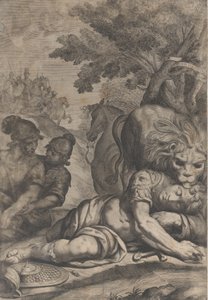 Een leeuw bovenop een gevallen ruiter rechts, met twee andere soldaten links, 1640-70