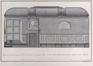 Plaat 4: dwarsdoorsnede van de hal van het Instituut van Bologna, met de ingang naar de r..., 1756 door Giovanni Battista Brostoloni