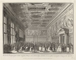 Ontvangst door de Doge van buitenlandse ambassadeurs in de Sala del Collegio, 1763-1766 door Giovanni Battista Brostoloni
