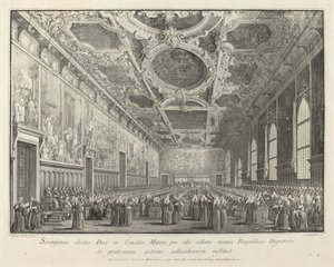 De Doge bedankt in de Sala del Consiglio Maggior, 1763-1766 door Giovanni Battista Brostoloni