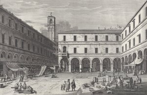 Uitzicht op het marktplein bij de kerk van San Giacomo door Giovanni Battista Brostoloni