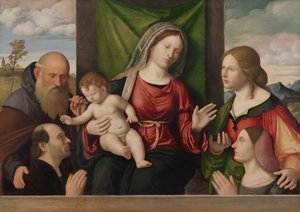 Maagd en kind met heiligen en schenkers door Giovanni Battista Cima da Conegliano